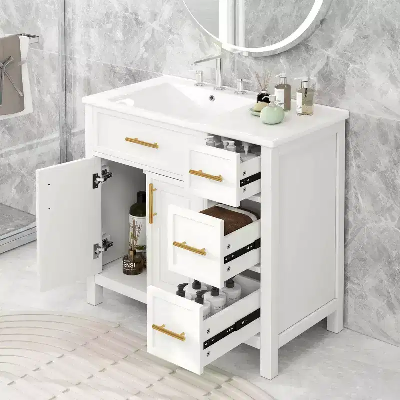 36 Bathroom Vanity with Sink Top 2 Doors 3 Drawers Solid Wood MDF White