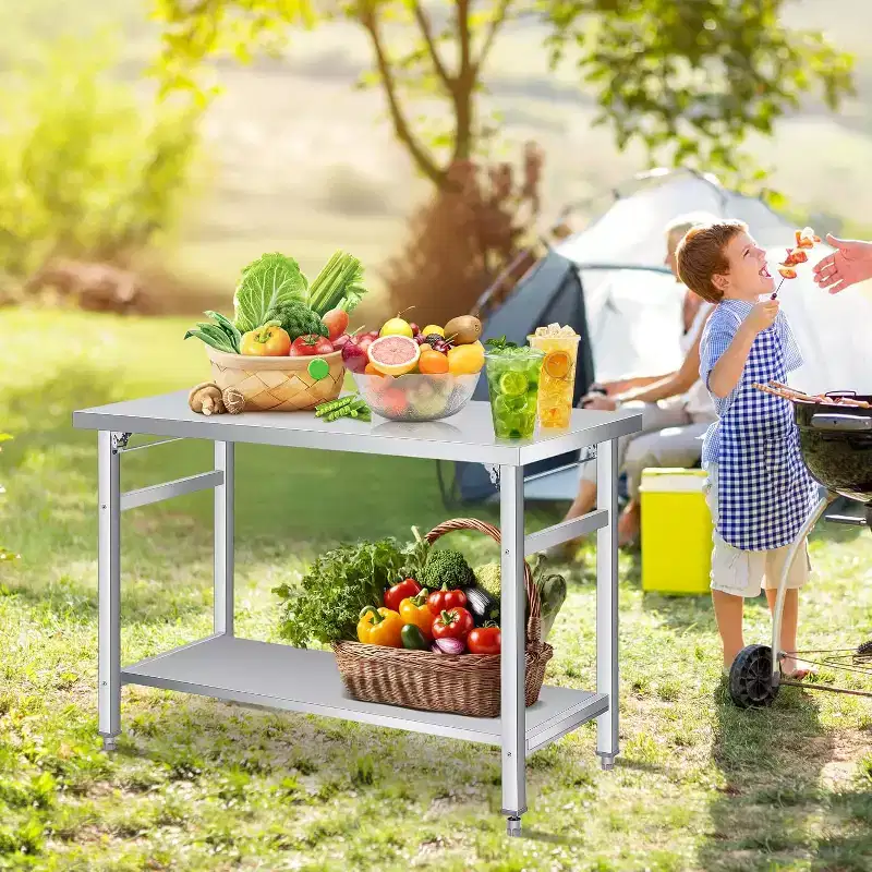 Stainless Steel Folding Table - 920LB Capacity, Adjustable Shelf & Locking Casters, Commercial Worktable for Kitchen/Restaurant