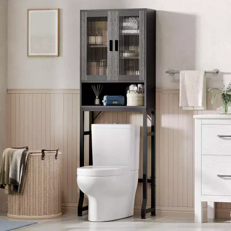 Over The Toilet Storage Cabinet, Bathroom Organizer with Tempered Glass Doors