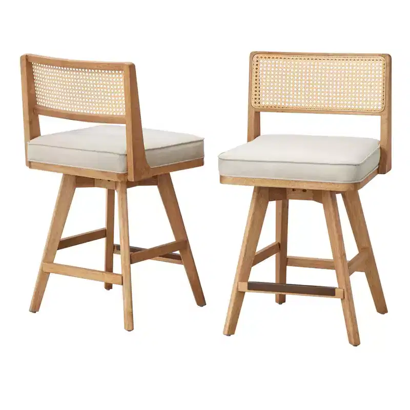 Set of 2Swivel Counter Height Barstools, Beige Seat & Light Walnut Base