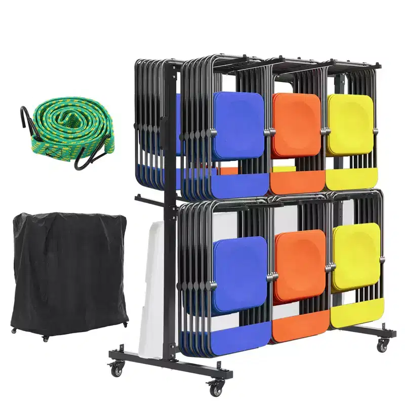 Black Metal Folding Chair & Table Cart with Wheels, Double/Single Layer, Holds 42 Chairs or 12 Tables