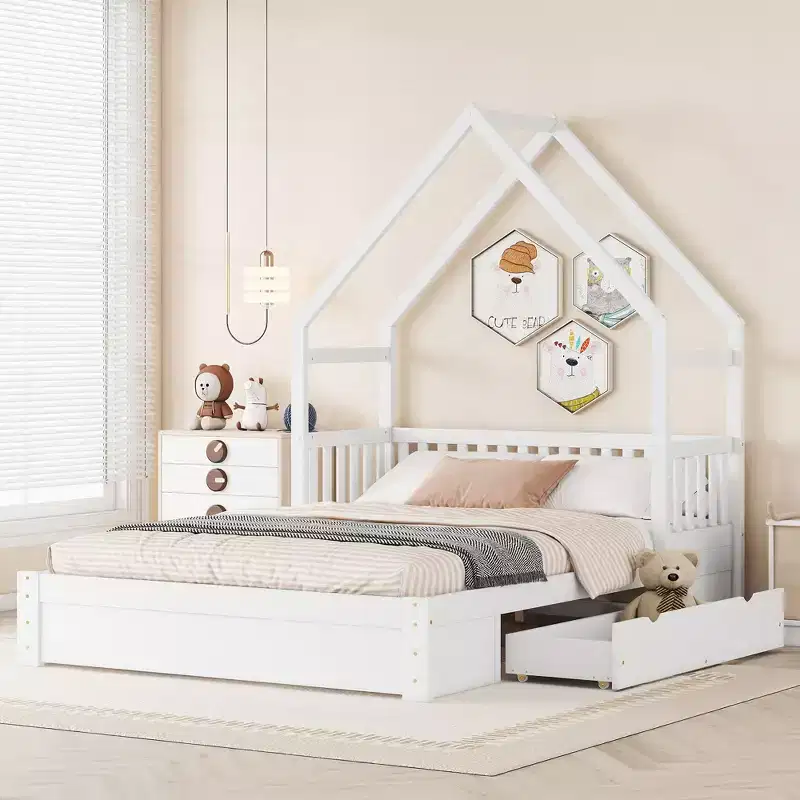 Queen Size Wood Bed with Guardrail, 2 Drawers, Easy Assembly