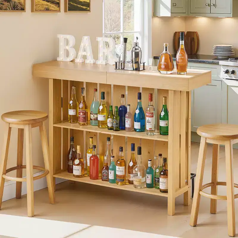 VEVOR Home Bar Unit, Wine Bar Cabinet Table 3-Tier with Storage Shelves, Opener Storage Box & Adjustable Foot Pads, Black Footrest, Light Brown