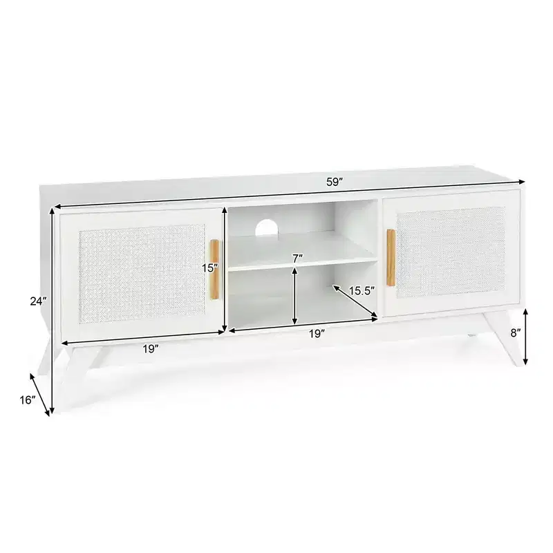 Costway TV Stand Entertainment Media Console w/ 2 Rattan Cabinets & Open Shelves