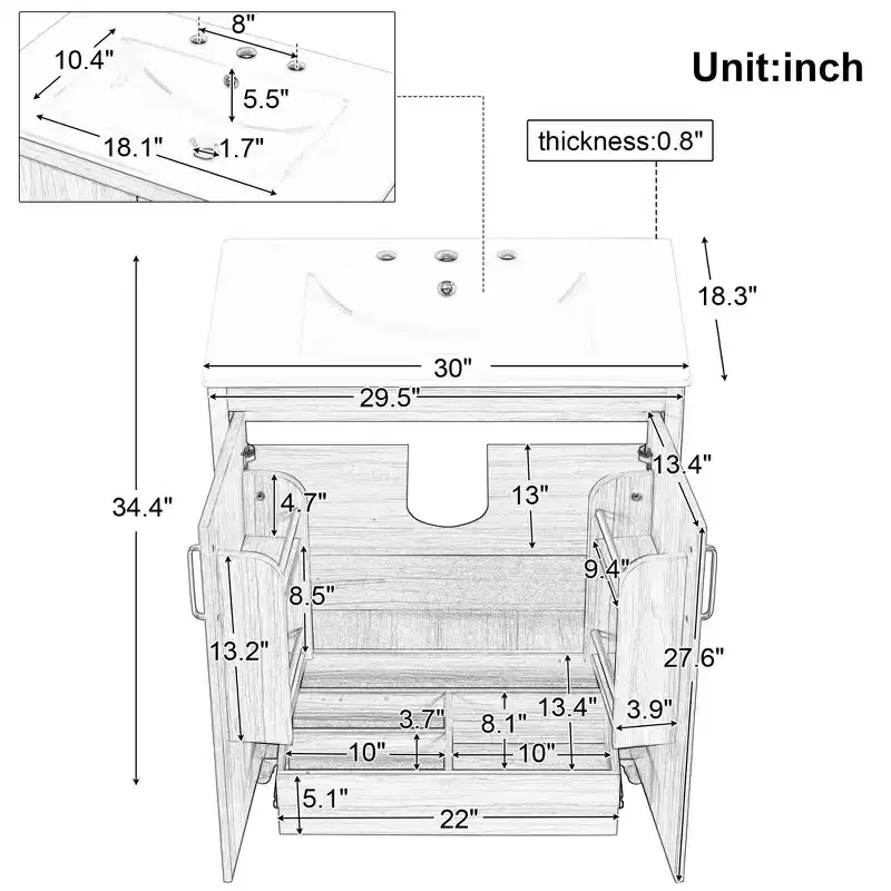 30-Inch Bathroom Vanity with Sink, Cabinet, Drawer & MDF Construction – Natural Finish
