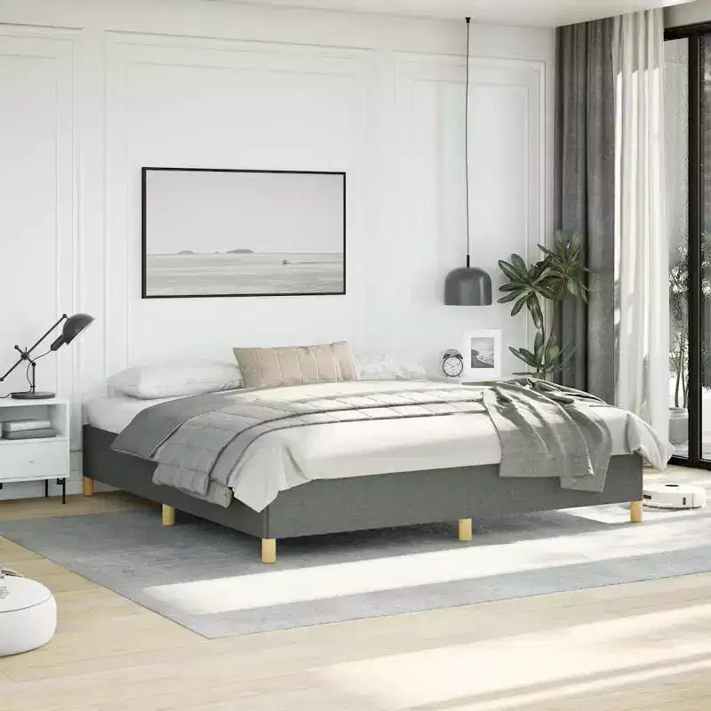 King Size Platform Bed Frame, Dark Gray Upholstered, No Headboard, 13.8