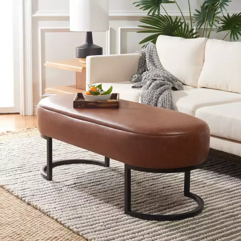 Oval Upholstered Bench with Iron Frame - Seats 2