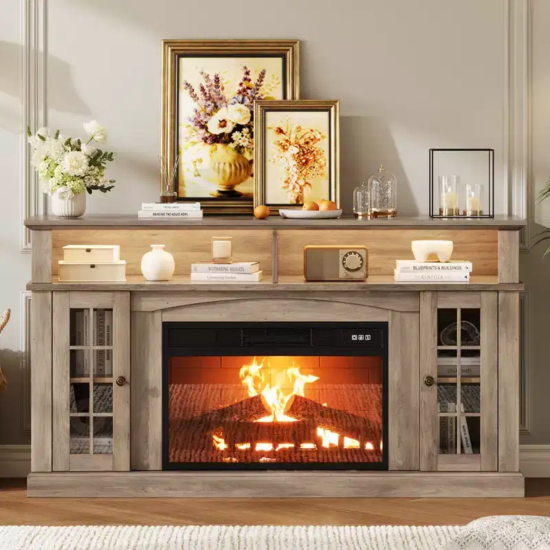 70 TV Compatible Entertainment Center, 58 Inch Media Console,Modern Wood Grain TV Stand with LED Lights, Glass Door Storage & Adjustable Shelves
