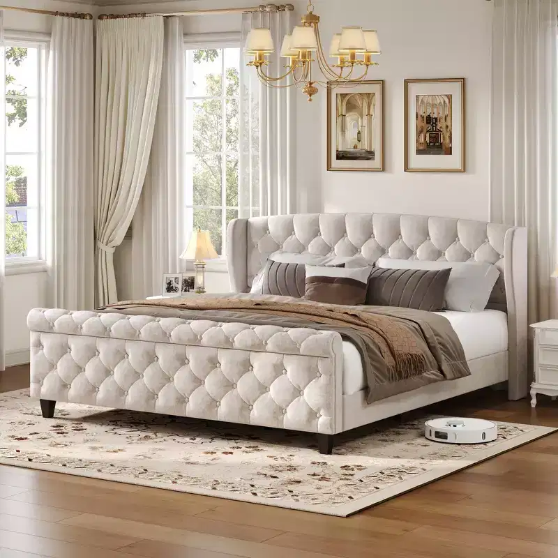 King Sleigh Platform Bed Frame, Wingback Headboard, Button Tufted Velvet, 800 lb Capacity