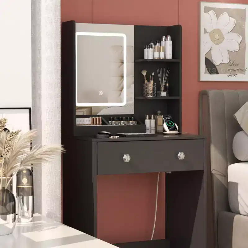 Small Makeup Vanity Desk with LED Mirror and Power Outlet 24 Black Dressing Table with 2 Drawers 3 Storage Shelves Modern Bedroom Vanity for Girls