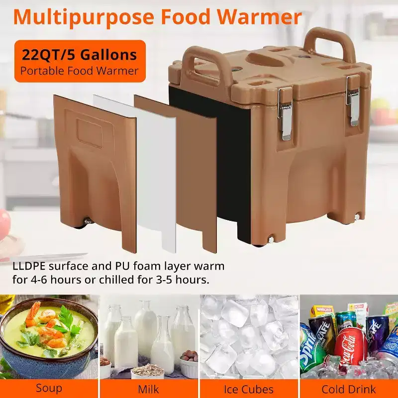 Insulated Food Carrier 22Qt Stackable Hot Box with Spoon and Wheels