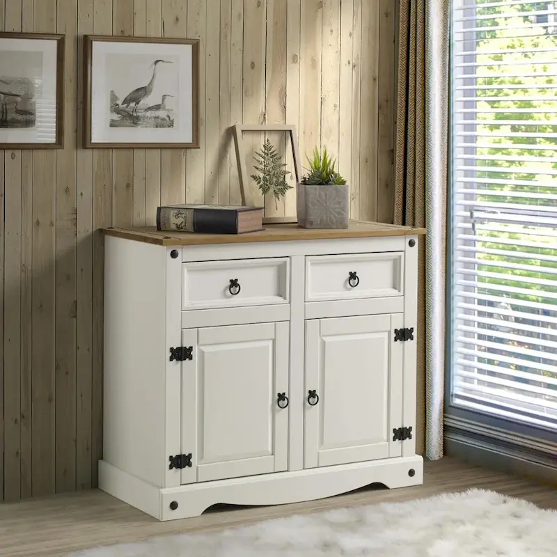 OS Home and Office Furniture Model COW915 Cottage Series Wood Buffet Sideboard in Distressed White