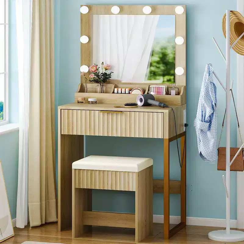 Vanity Dressing Table with Lighted Mirror & Stool, 1 Drawer 3 Compartments – Beige / Black / Pink / White