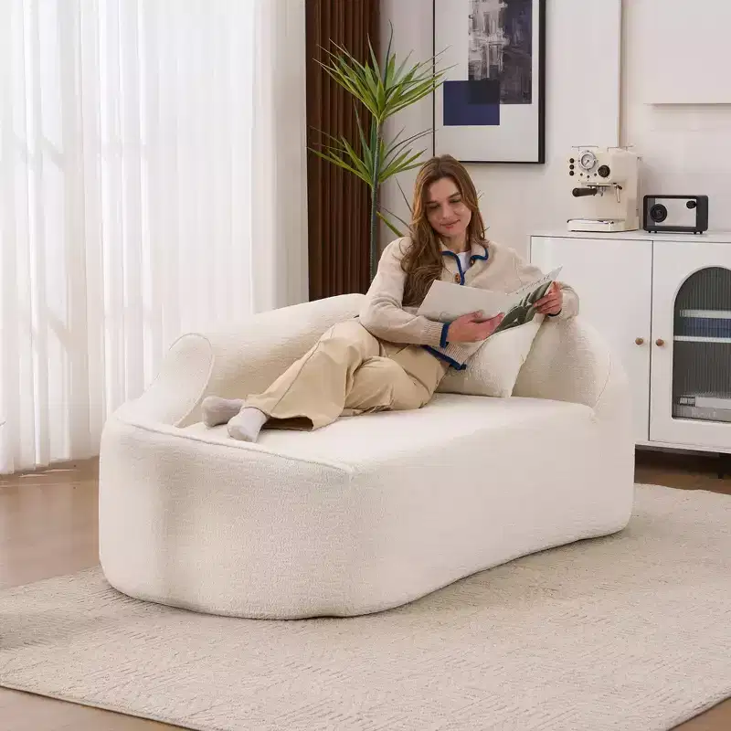 Compression Curved Chaise Longue, Modern Chenille Loveseat Couch with Deep Seat Sofa Bed, 1 Pillow - Milk White