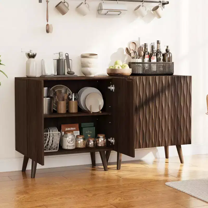 Erommy 2 - Door Accent Cabinet With Adjustable Shelves, Buffet Cabinet With Sculptural Wave Design For Dining Room, Living Room