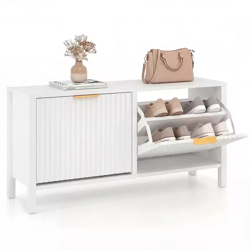 Shoe Storage Bench Narrow Wooden Entryway Bench with 2 Flip Drawers for Hallway
