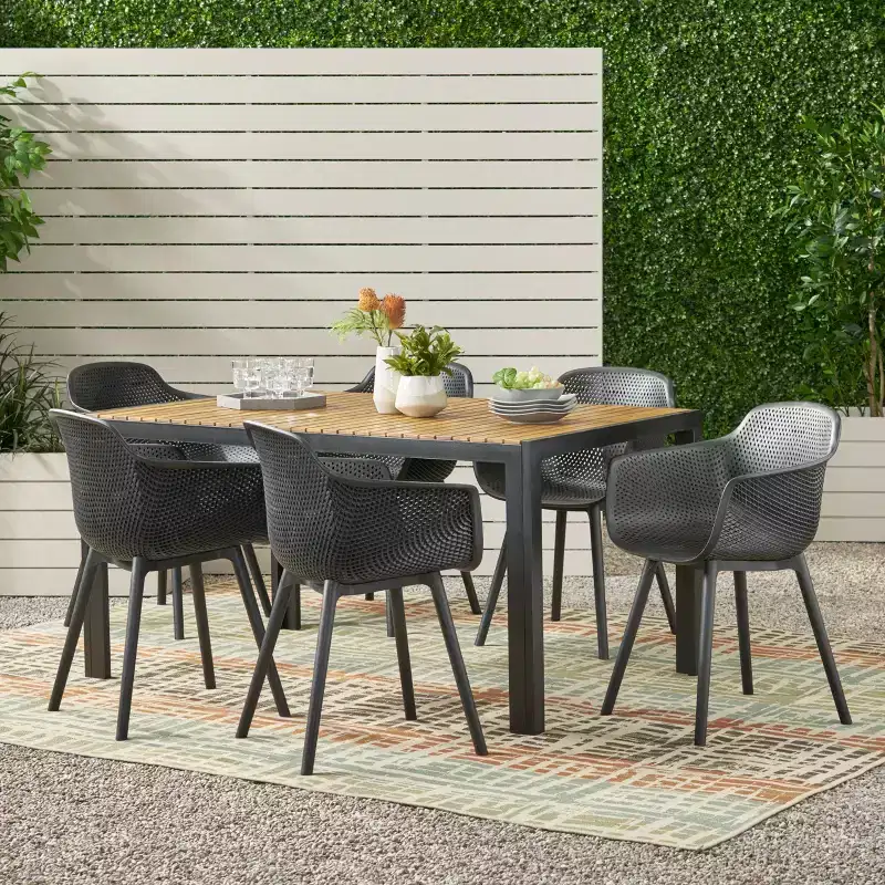 Christopher Knight Home Flora Outdoor Acacia Wood and Resin 7 Piece Dining Set, Black and Teak