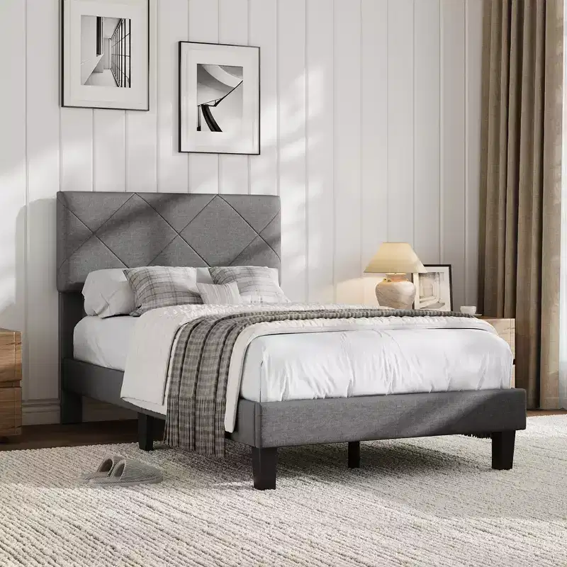 Full Size Bed Frame with Fabric Upholstered Headboard & Wooden Slat Support, No Box Spring Needed, Easy Assembly & Noise Free