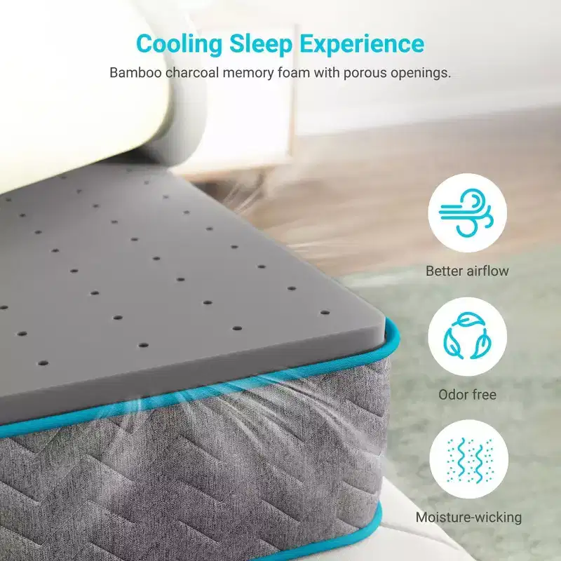 12 Breathable Bamboo Charcoal Memory Foam Hybrid Mattress - Medium Firm - Compatible with Platform Bed, Box Spring, or Slat Base
