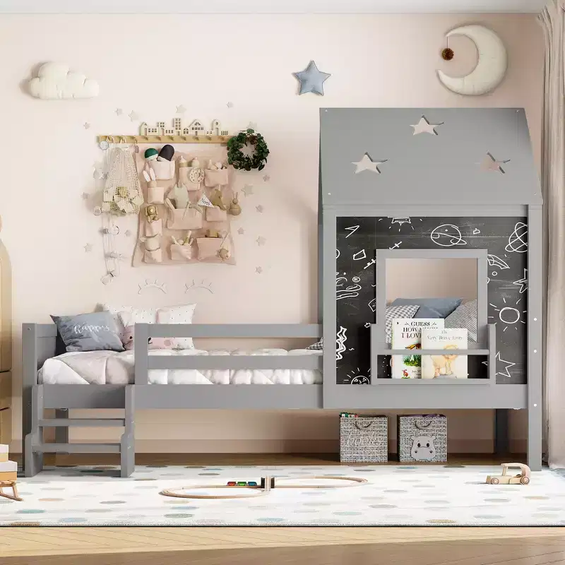 Twin/Full Size House Bed with Stairs and Window, Solid Wood Platform Bed with Bookcase for Kids