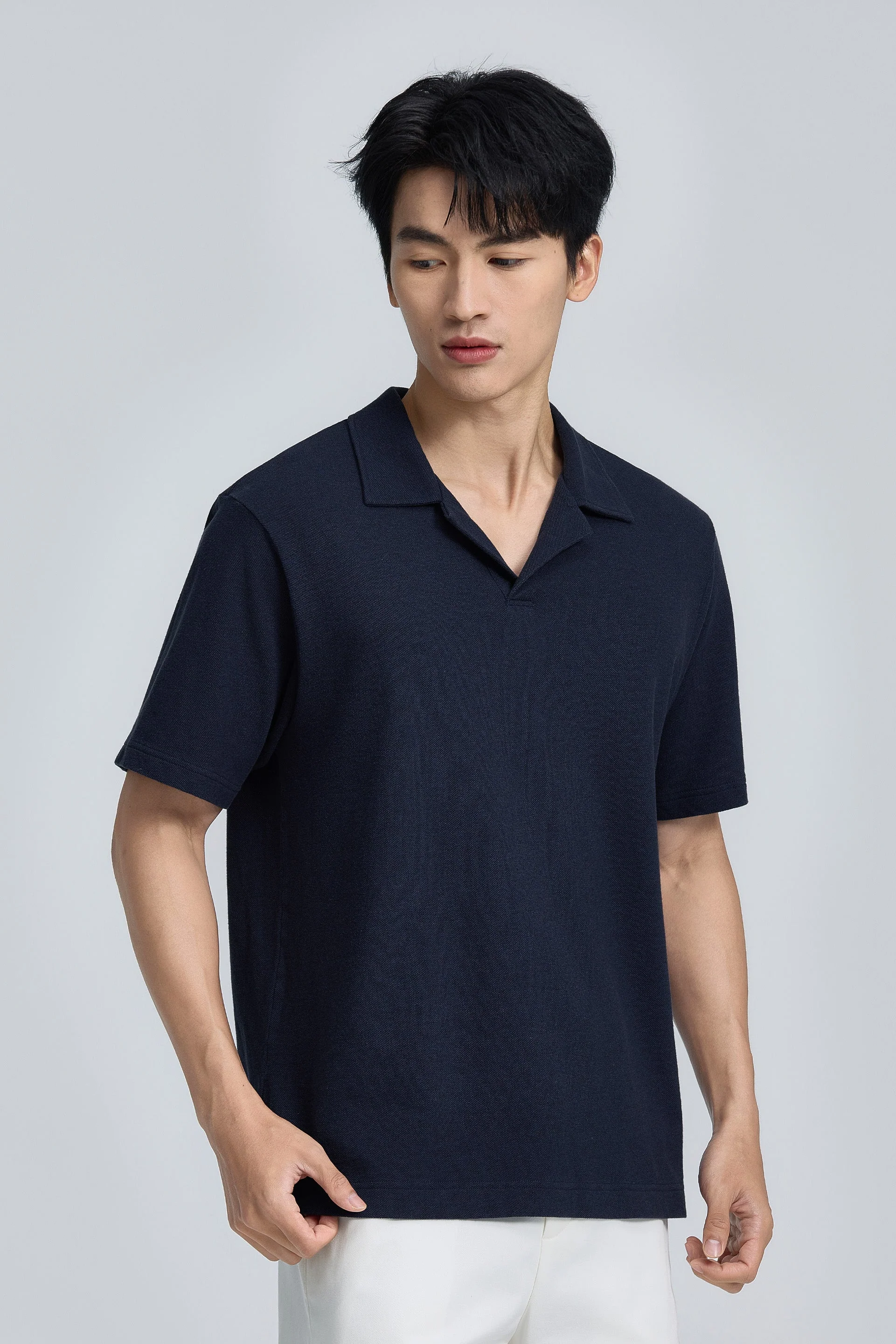 Cotton-Hemp Camp Collar Polo – Navy