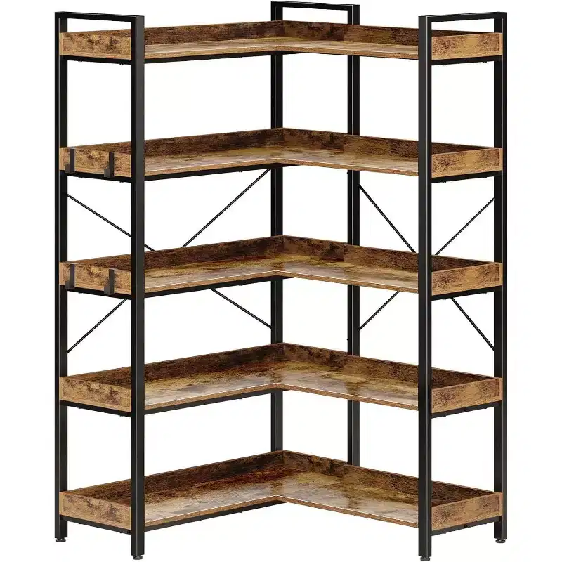 COZONY 5-Tier L-Shaped Industrial Corner Bookshelf, Tall Wooden Bookcase w/ 4 Hooks & Metal Frame