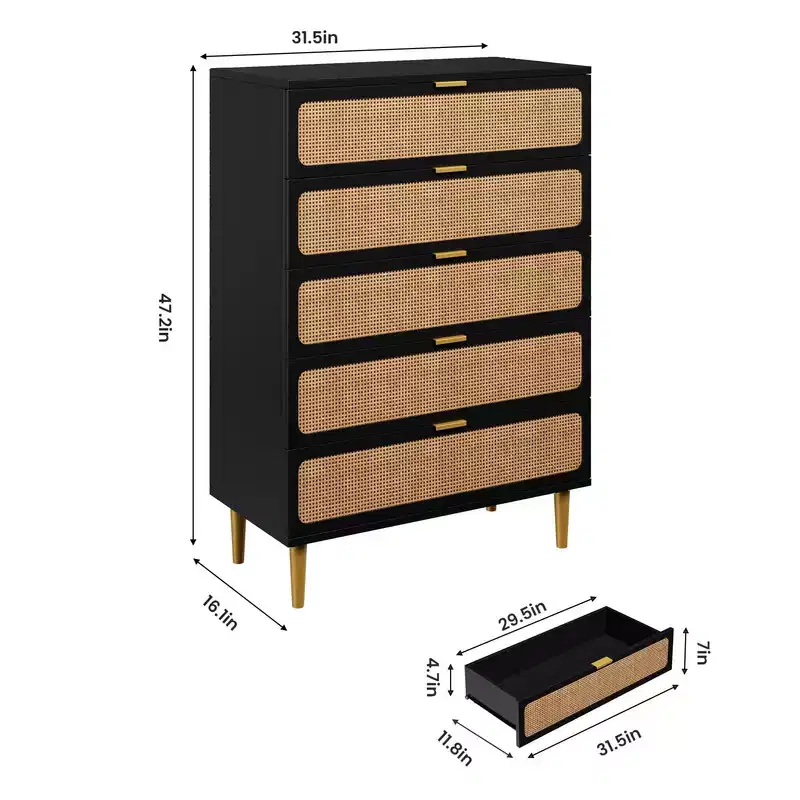5-Drawer Rattan Dresser for Bedroom, Large Wooden Chest with Wide Top for Bedroom, Living Room, Hallway, or Kids Room