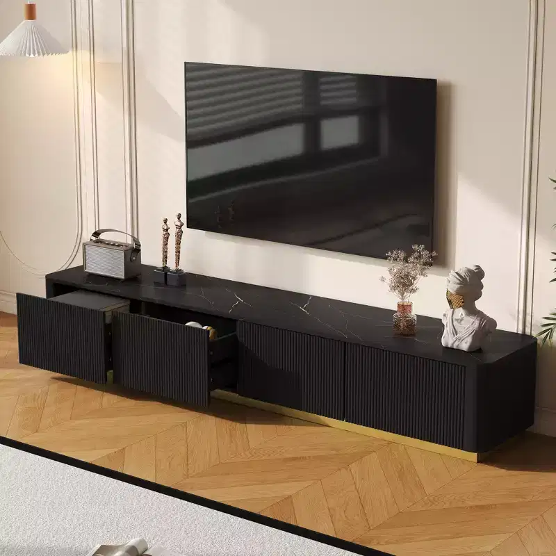 Fluted TV Stand for TVs Up to 85, Faux Marble Tabletop Media Console with 4 Drawers, Entertainment Center with Gold Base
