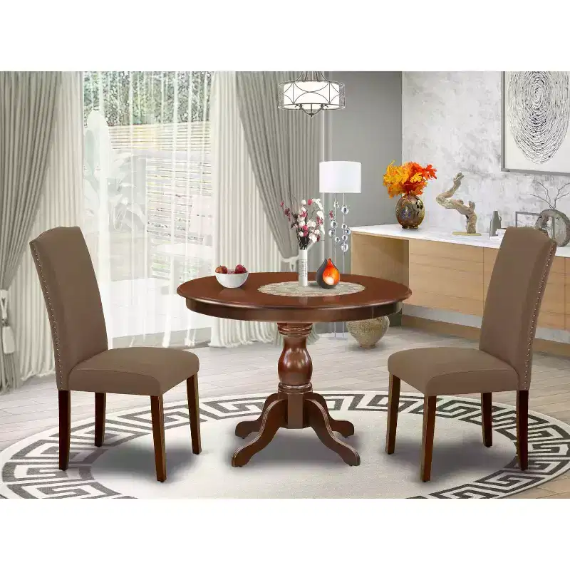 3-Piece Mahogany Finish Solid Wood Top - Button Tufted Upholstered Dining Room Set - Seats 4