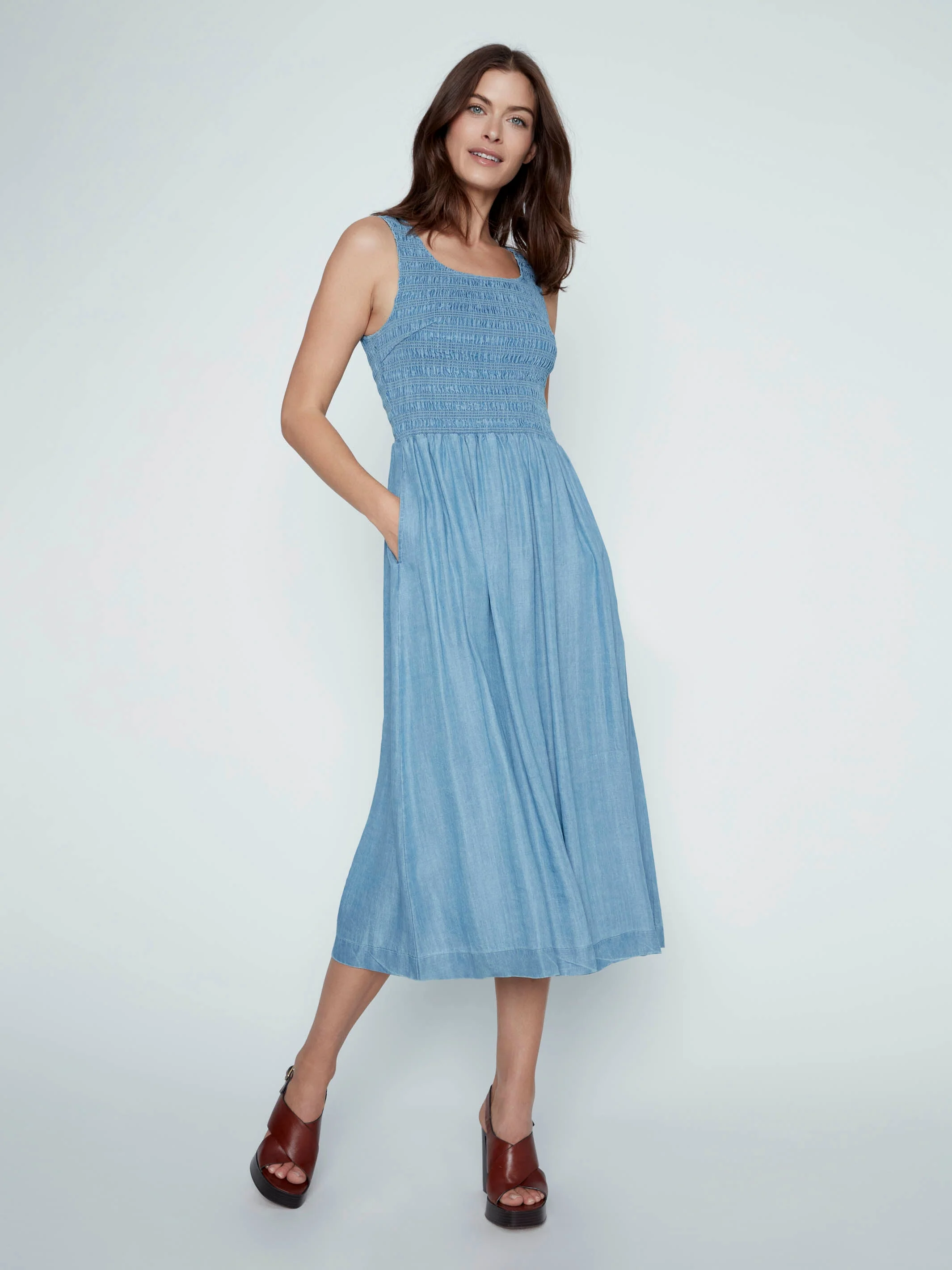 Soft Fabric Sleeveless Smocked Maxi Dress - Soft Blue