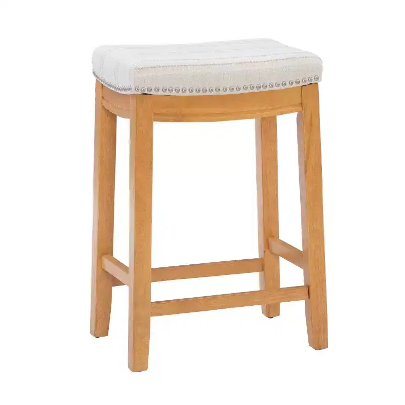 Counter Height Barstool Rustic Brown Natural Linen Upholstered Backless