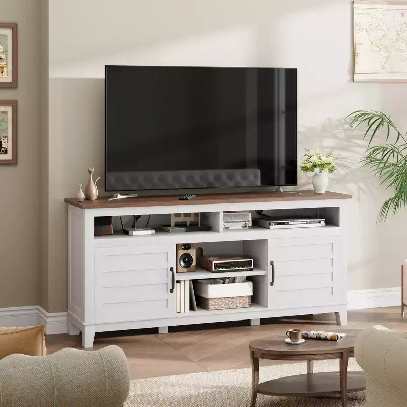 TV Stand Entertainment Center with Adjustable Shelves, Farmhouse TV Stand with Cabinet Doors,for Living Room, Bedroom