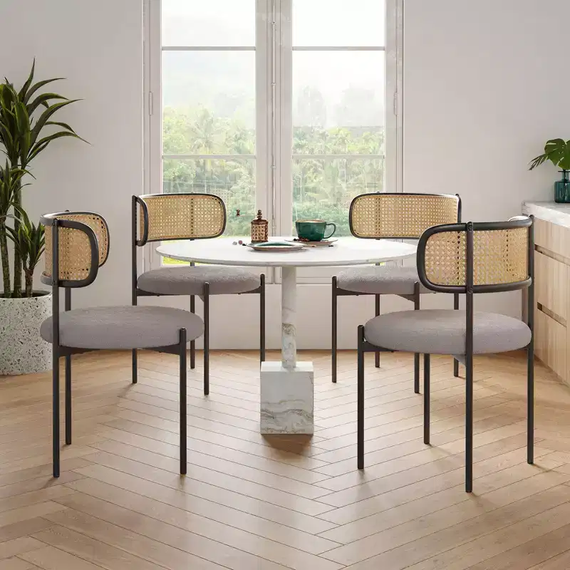 PexFix 4Pcs Modern Upholstered Dining Chairs Rattan Back Dining Room Chairs Accent Kitchen Chairs with Metal Legs Light Gray