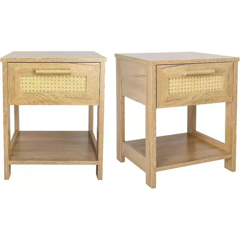 Nightstand Set of 2, Modern Rattan Small Dresser Organizer with 2 Drawers & 2 Open Storage Shelf, Bedside Table Furniture End Table for Bedroom
