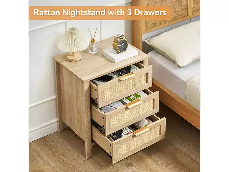 Rattan Nightstand, Boho Nightstand with 3 Natural Rattan Drawers, Bedside Table with Sturdy Wood Legs, Modern Side Table with Storage Drawers