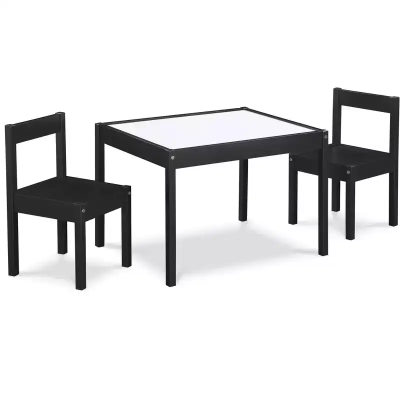 Etokfoks 3 Piece Dry Erase Kids Table and Two Chair Set Black Solid Wood Construction Creative Play Area for Drawing and Homework