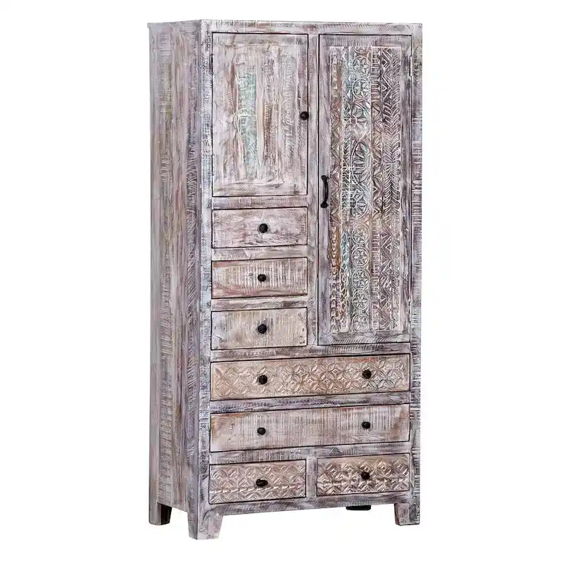 Antique White / Brown Solid Wood Armoire with 7 Drawers & 2 Doors