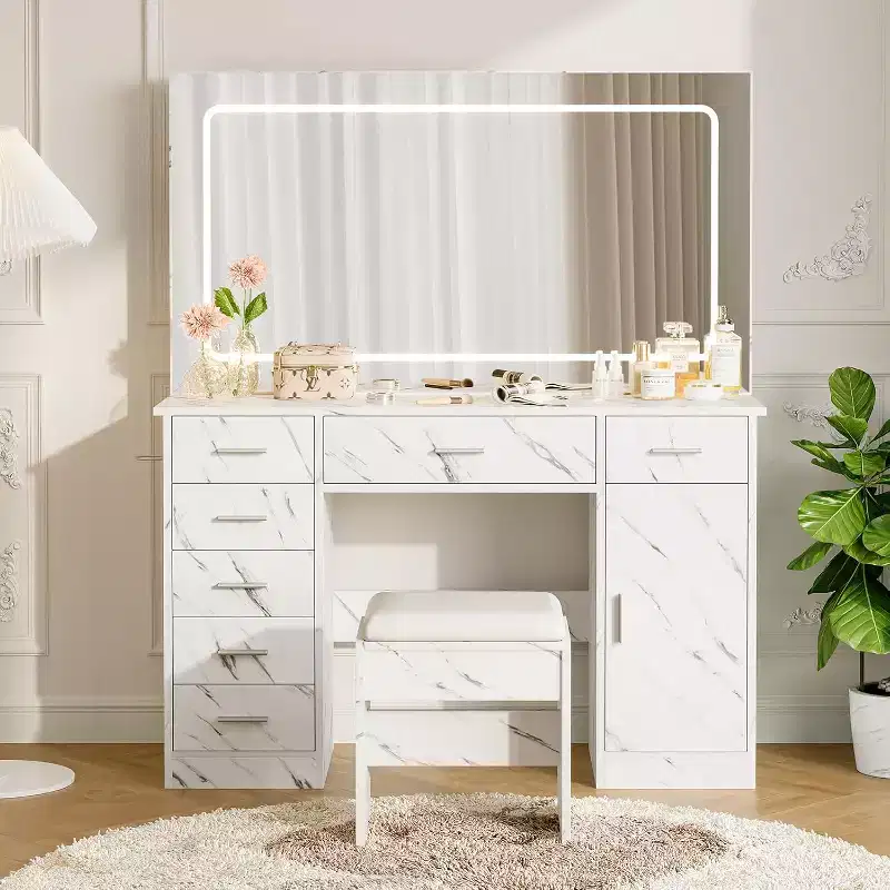 Modern Makeup Vanity Set with LED Mirror, 7 Drawers & Cushioned Stool – Marble White