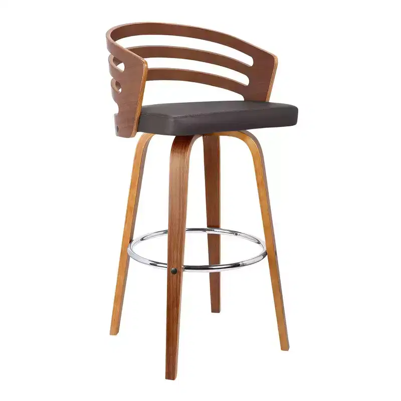 30" Benj Mid-Century Swivel Height Barstool Brown - Armen Living: Walnut Frame, Faux Leather