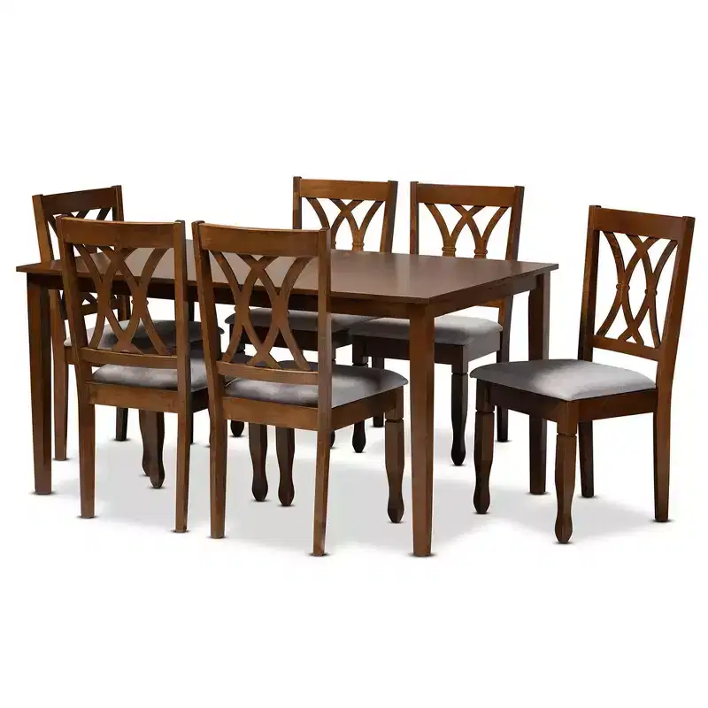 7pc Augustine Fabric Upholstered Dining Set Gray/Walnut Brown - Baxton Studio: Modern Rectangle Table, 6 Armless Chairs