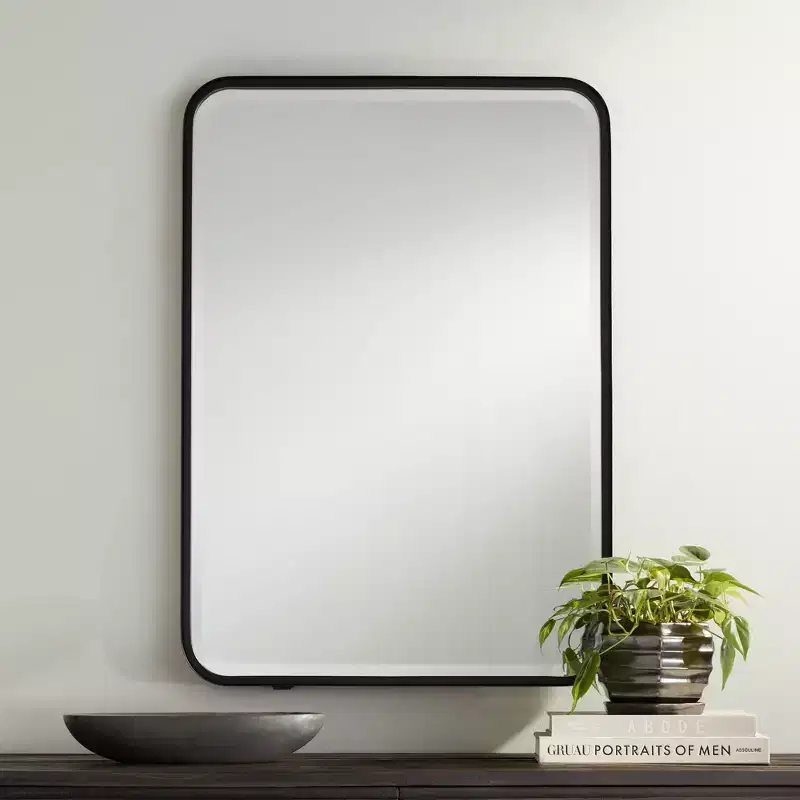 Liguria Rounded Edge Rectangular Vanity Wall Mirror Modern Beveled Black Iron Frame 24 Wide for Bathroom Bedroom Living Room Home Entryway
