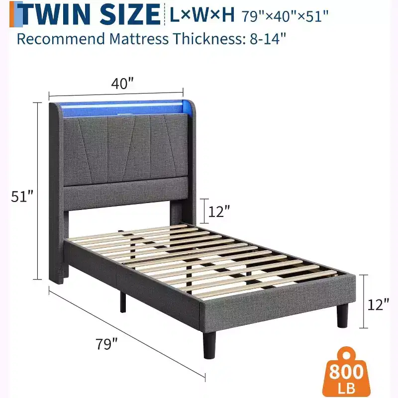 Bed Frame with LED Lights and Charging Station, Fabric Upholstered Platform Full Bed Frame with Headboard, No Box Spring Needed, Gray