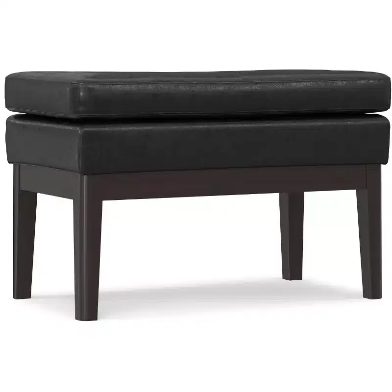 27 inch Wide Mid Century Small Ottoman Bench in Distressed Black Vegan Faux Leather