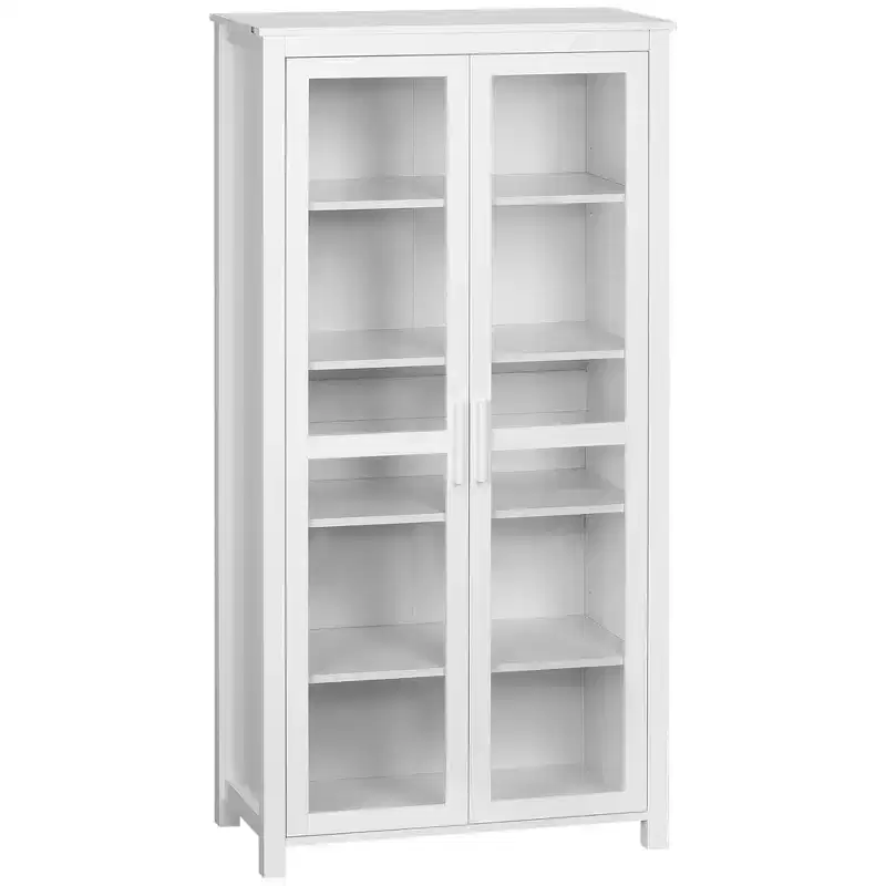 HOMCOM Freestanding Kitchen Pantry, 5-tier Storage Cabinet with Adjustable Shelves and 2 Glass Doors, White