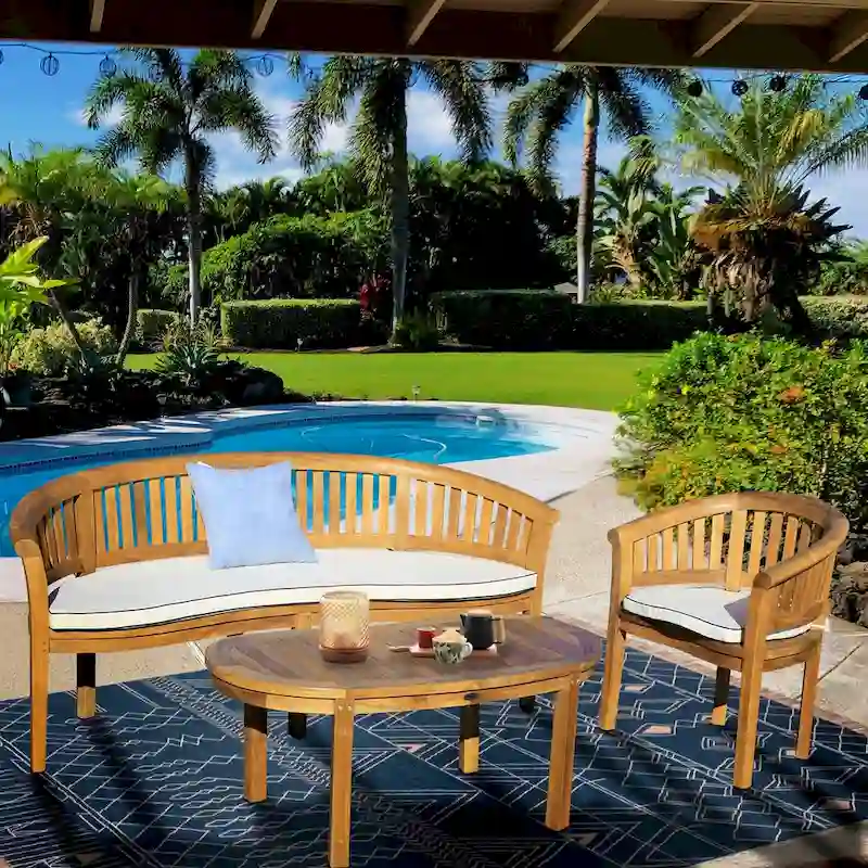Chic Teak Peanut 3 Piece Teak Wood Patio Lounge Set, Triple Bench, Chair & Coffee Table