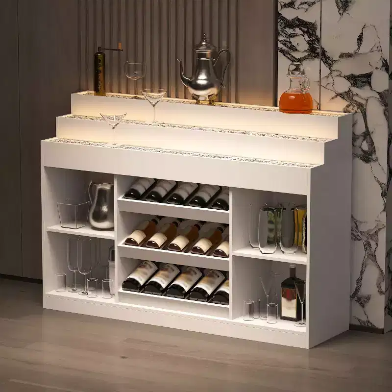 White Multi-Layer Bar Cabinet Wine Cabinet with Wave-Patterned Glass Countertop, Tiered Design, Ambient Lighting