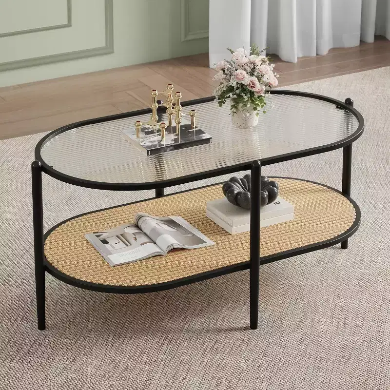 Boho Rattan Coffee Table with Glass Top,Oval 2-Tier Center Table with Metal Frame & Lower Storage Shelf,Rustic Farmhouse Accent Table for Living Room