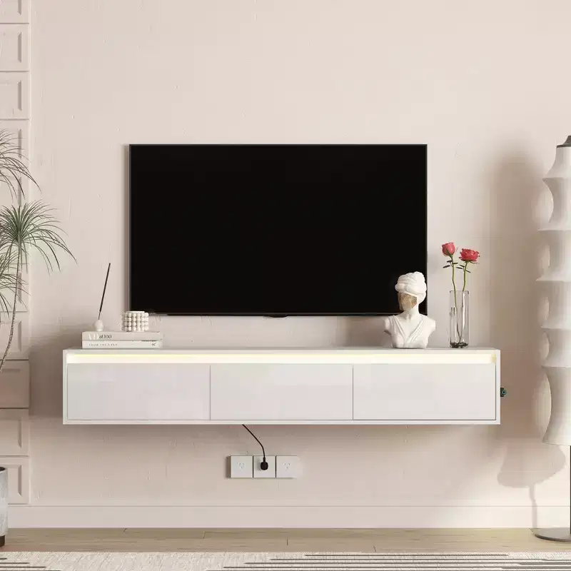 Floating TV Stand, Wall Mounted TV Shelf with Led Lights & Power Outlet,High Gloss TV Cabinet for White tv Stands for Living Room