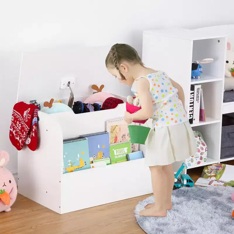 29.5 Modern Kids Toy Storage Organizer,Children Toy Box with Safety Hinge&Front Bookshelf,Boys Girls Toy Storage Chest Trunk -Easy Assembly(White)
