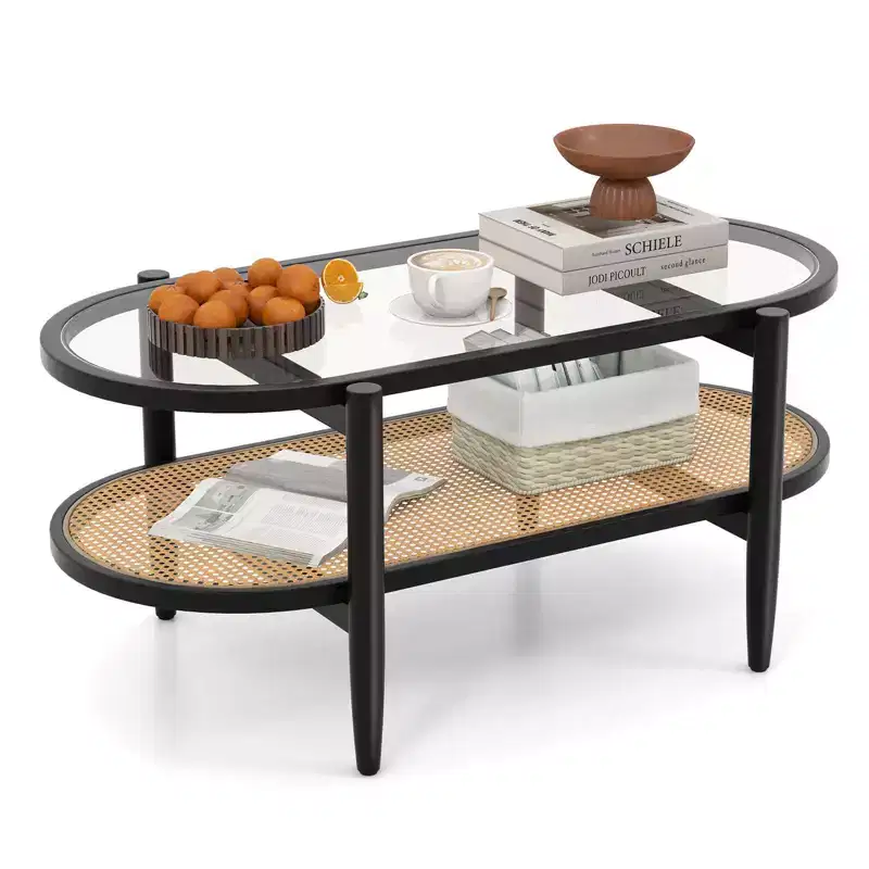 Costway 2-Tier Coffee Table Tempered Glass Top with PE Rattan Shelf & Acacia Wood Frame Black/Brown